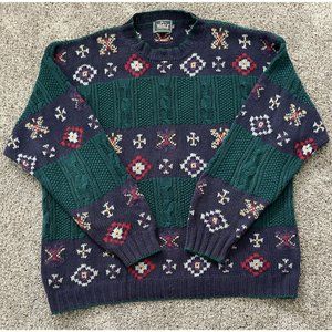 Vintage 90s Mens XL Woolrich Hand Knit Multi-Color Geometric Pullover Sweater